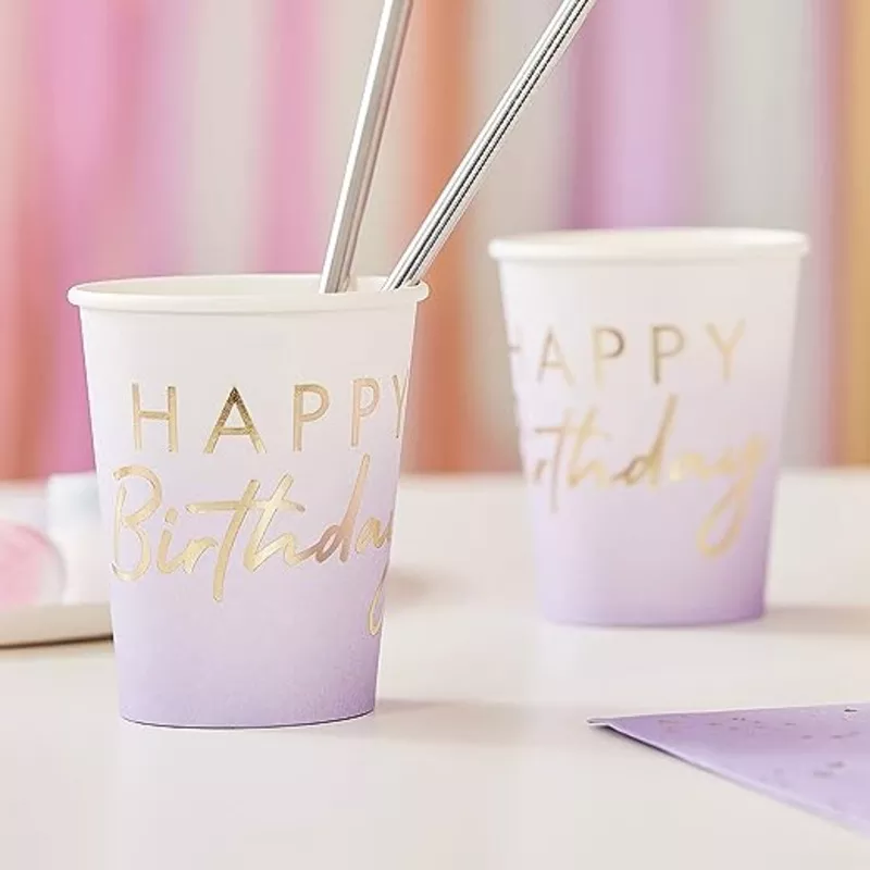 “Happy Birthday” Gold Foiled Lilac Ombre Cups – Pack of 8