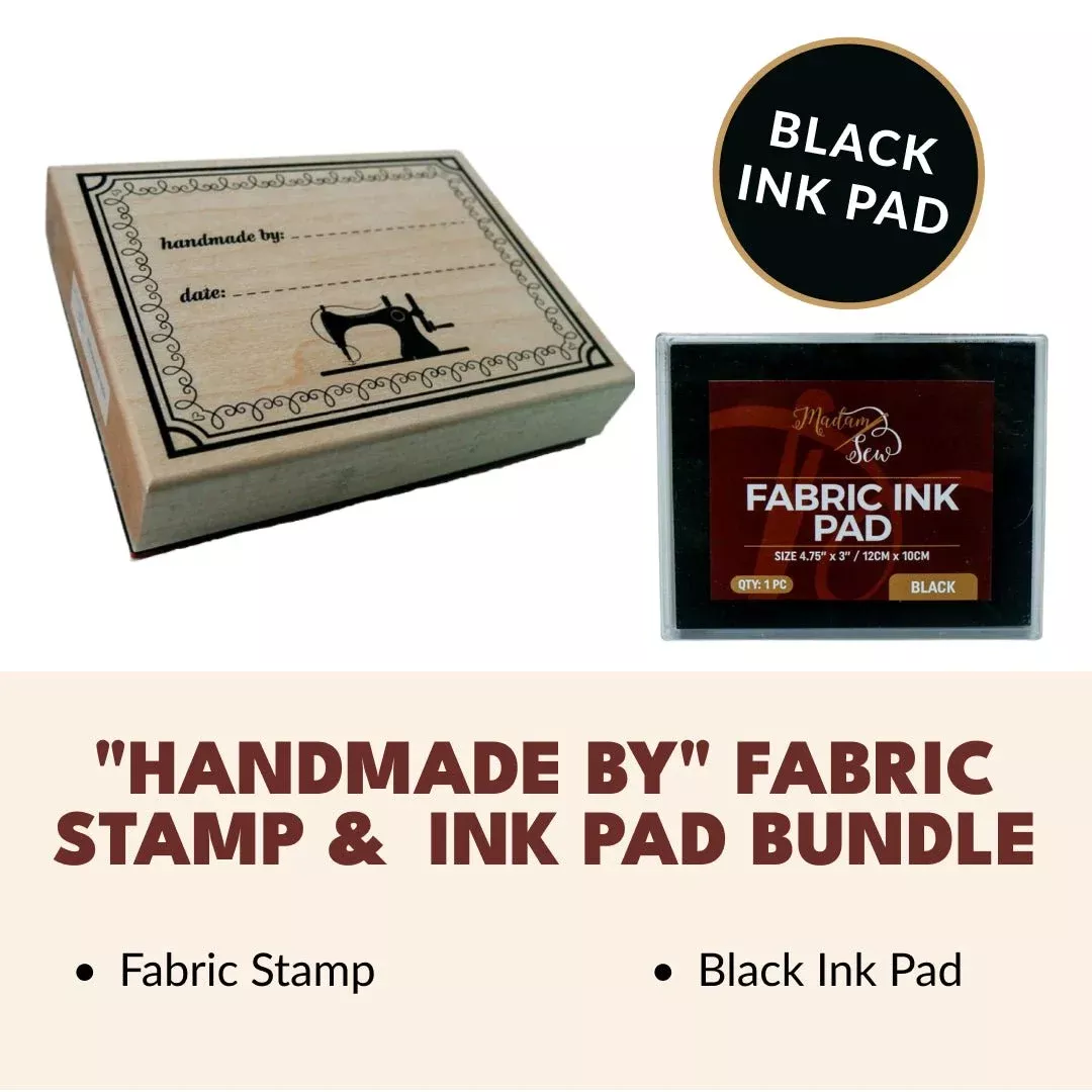 &QUOT;HANDMADE BY&QUOT; FABRIC STAMP &AMP; PERMANENT INK PAD BUNDLE – Black or Brick Red