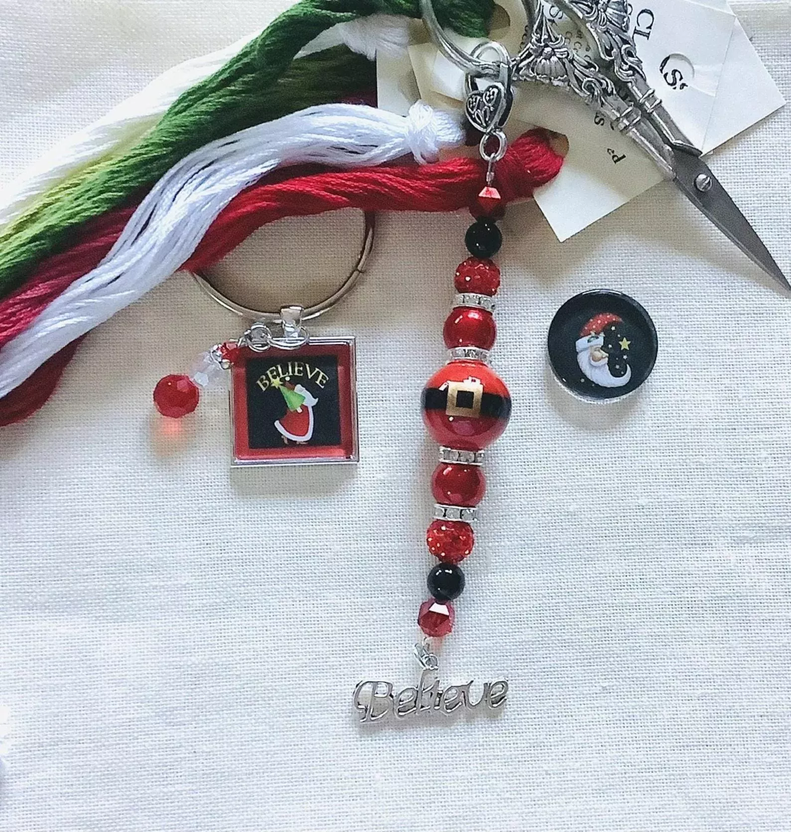 ZIGGY'SDESIGNS "Believe In Santa"Christmas Thread Keep, Needle Minder, and Beaded Scissor Fob Accessory Set