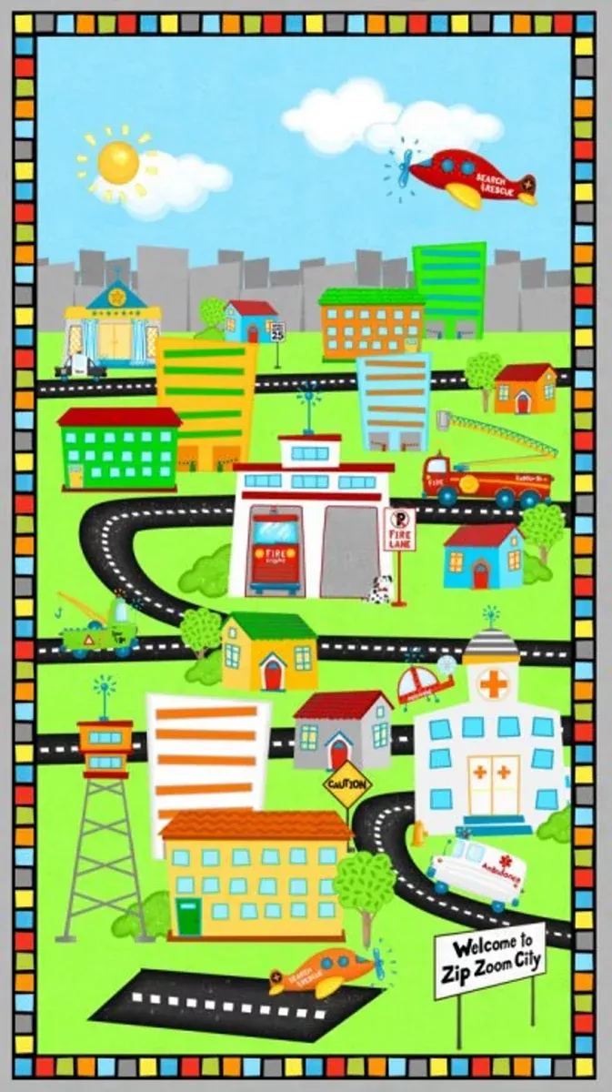 Zip Zoom City Quilt Fabric Large Panel Multi 87637-713 from Wilmington